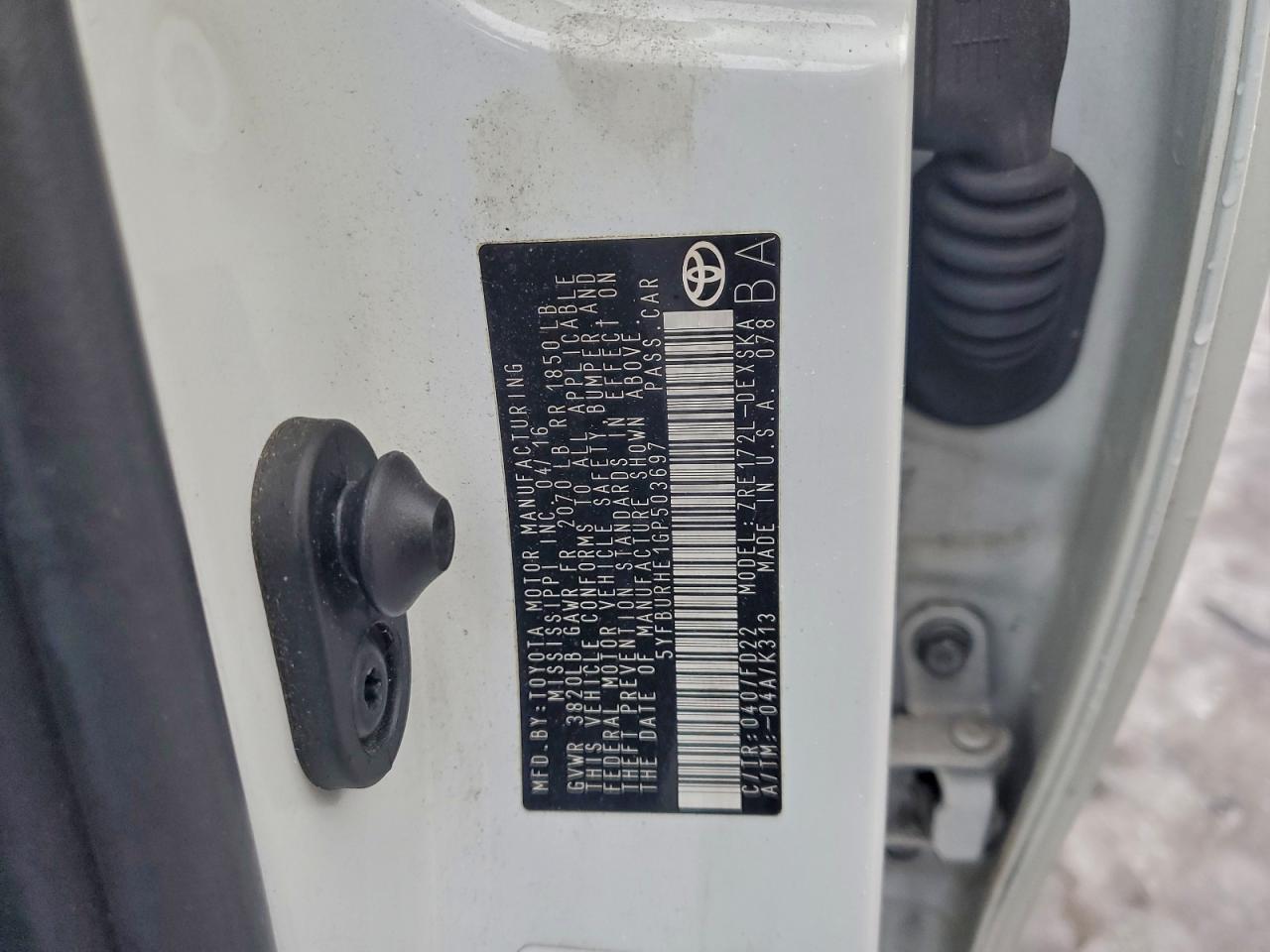 2016 Toyota Corolla L VIN: 5YFBURHE1GP503697 Lot: 95906985