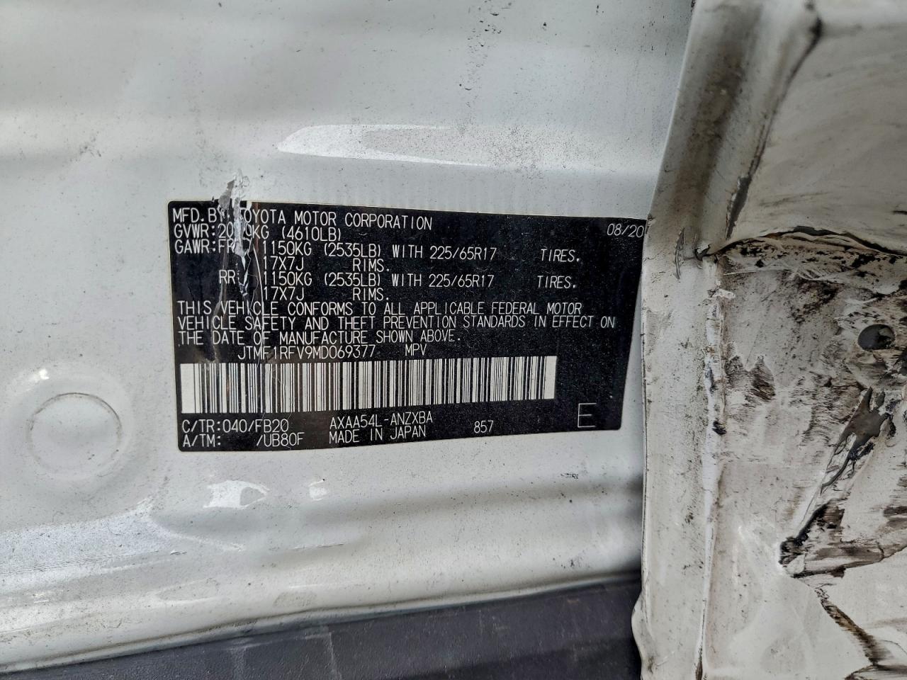 2021 Toyota Rav4 Le VIN: JTMF1RFV9MD069377 Lot: 92463695