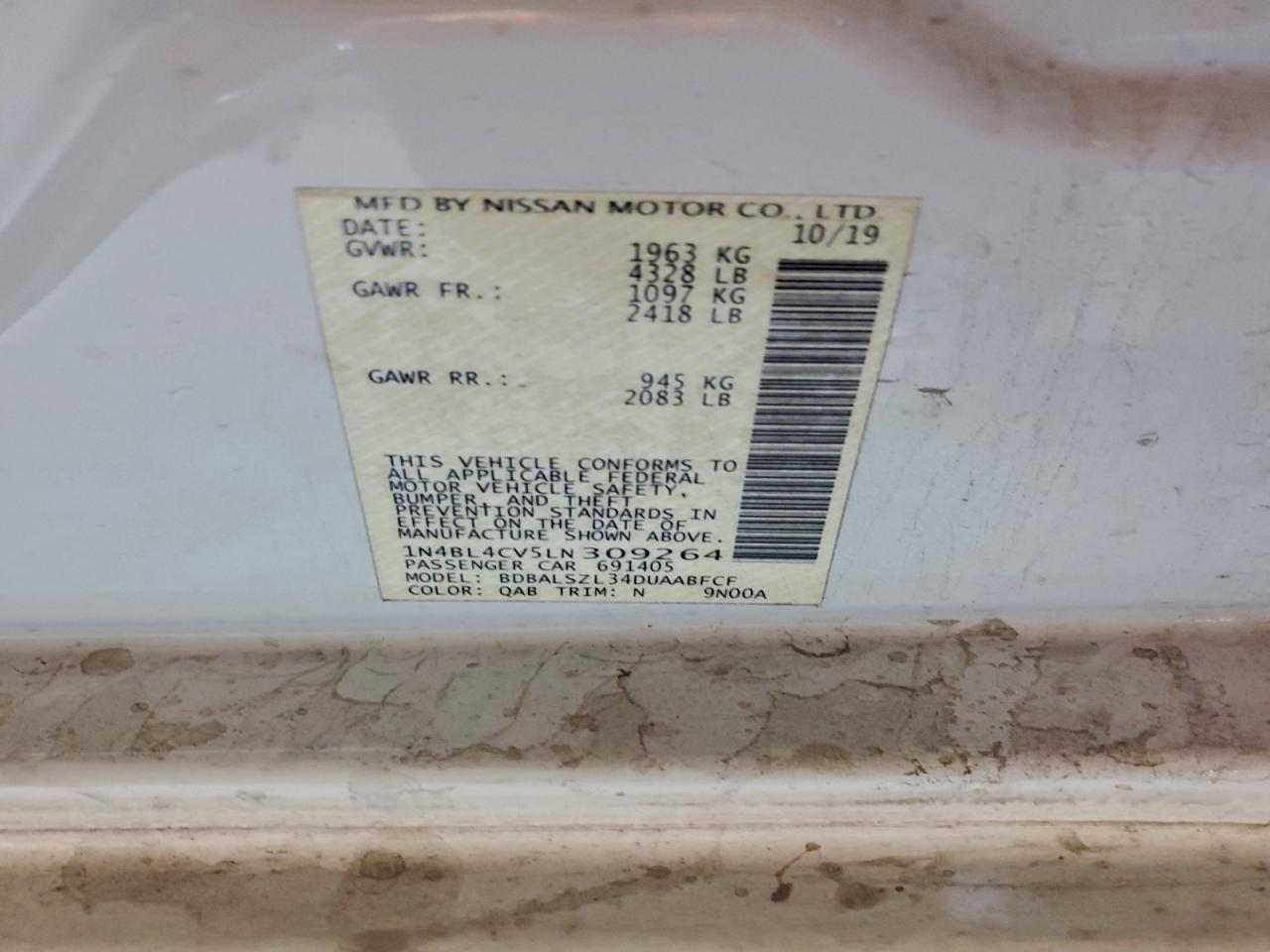 2020 Nissan Altima Sr VIN: 1N4BL4CV5LN309264 Lot: 91584285