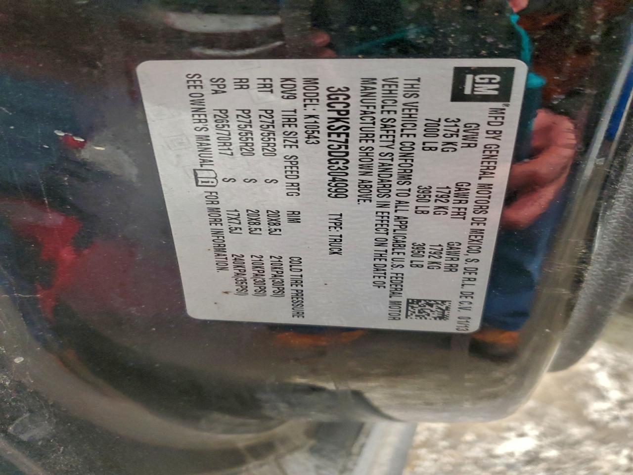 2013 Chevrolet Silverado K1500 Lt VIN: 3GCPKSE75DG304999 Lot: 97100345