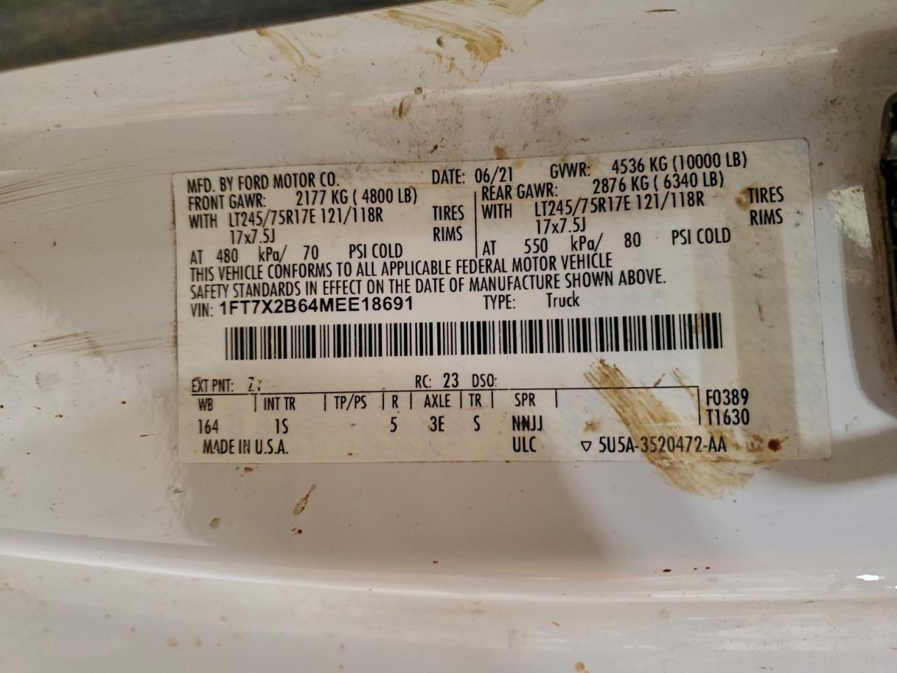 2021 Ford F250 Super Duty VIN: 1FT7X2B64MEE18691 Lot: 96559145