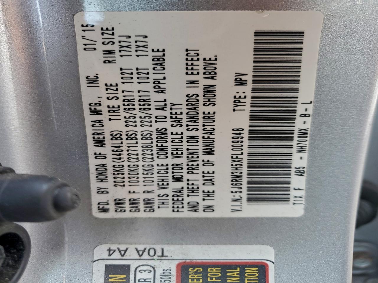 2015 Honda Cr-V Ex VIN: 5J6RM3H5XFL009948 Lot: 95534805