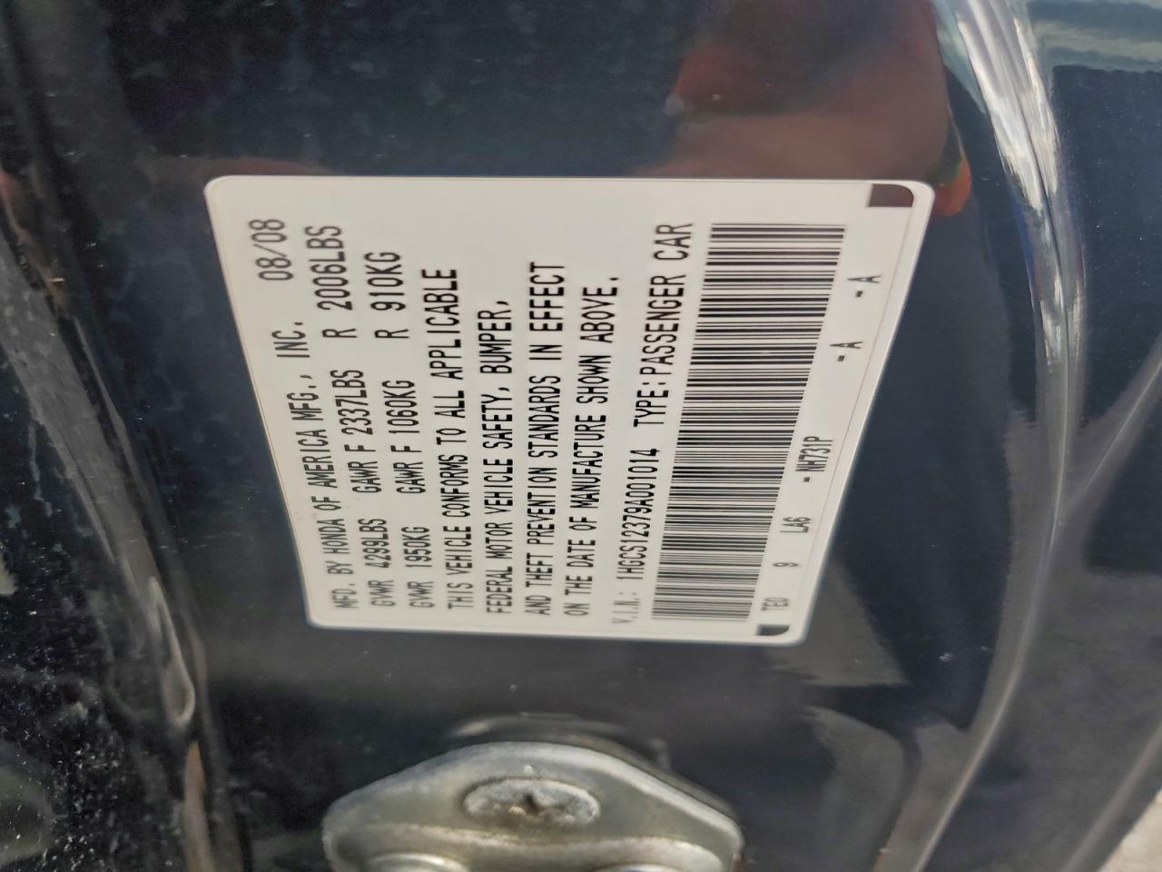 2009 Honda Accord Lx VIN: 1HGCS12379A001014 Lot: 94637645