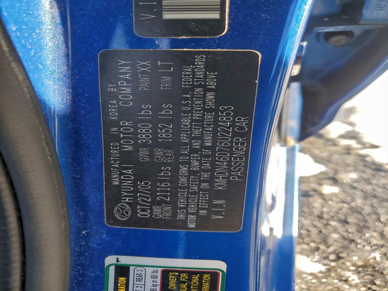 2006 Hyundai Elantra Gls VIN: KMHDN46D76U224853 Lot: 95252385