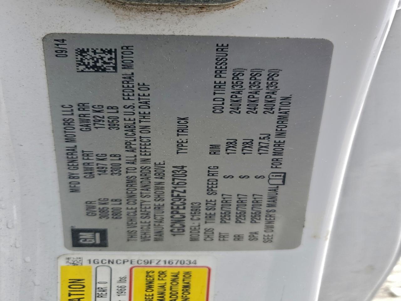 2015 Chevrolet Silverado C1500 VIN: 1GCNCPEC9FZ167034 Lot: 95385925