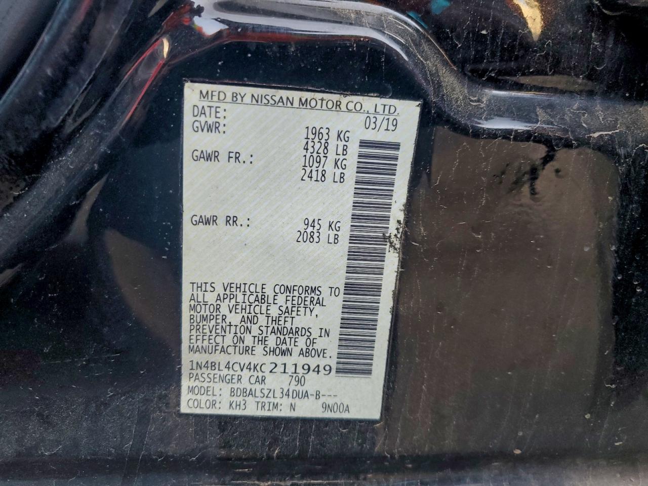 2019 Nissan Altima Sr VIN: 1N4BL4CV4KC211949 Lot: 95036925