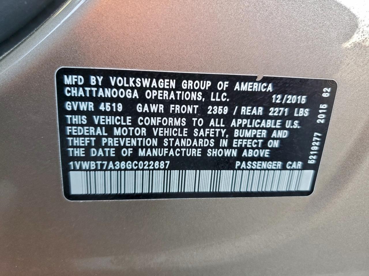 2016 Volkswagen Passat Se VIN: 1VWBT7A36GC022687 Lot: 95074945