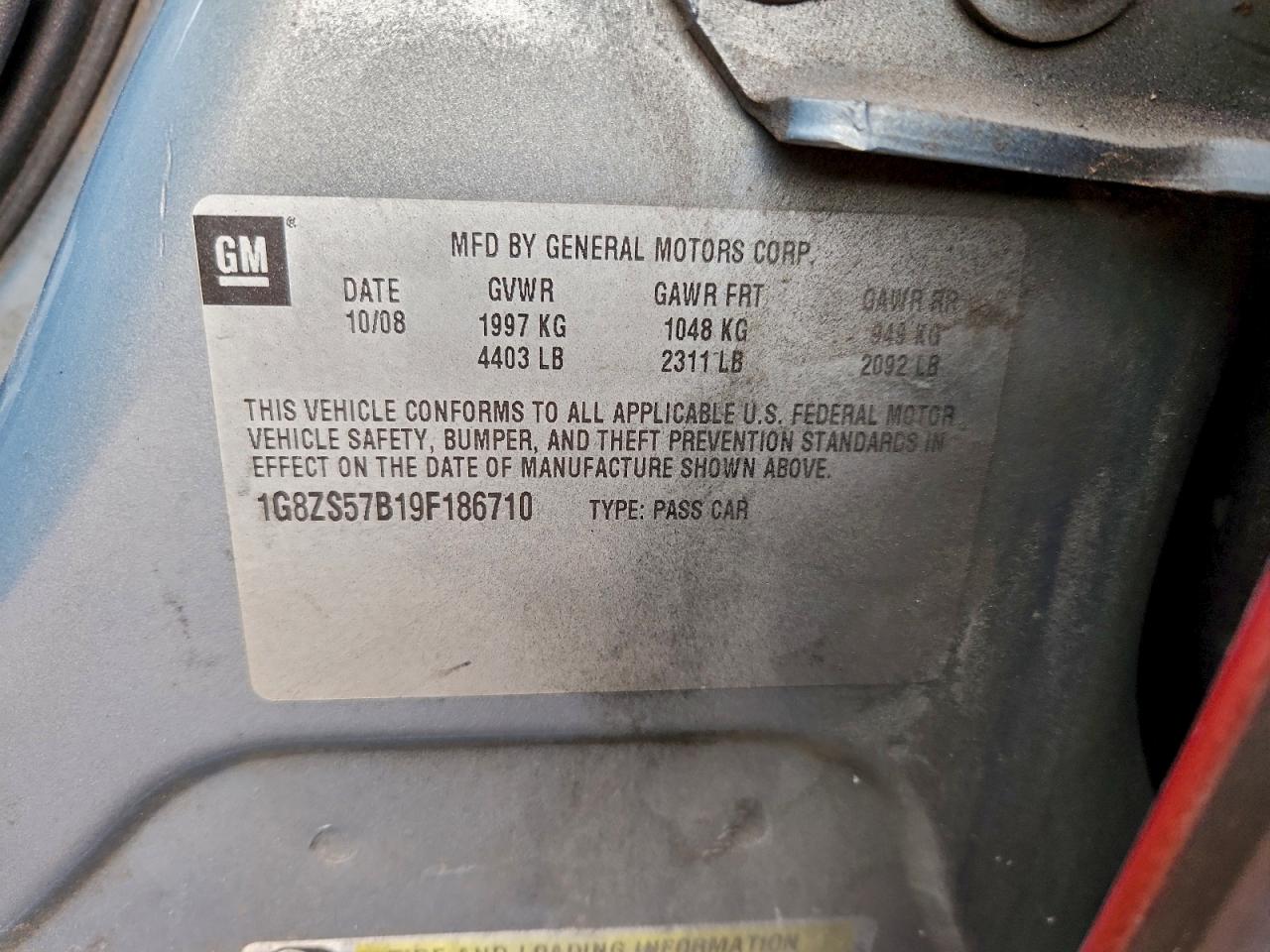 2009 Saturn Aura Xe VIN: 1G8ZS57B19F186710 Lot: 95578165