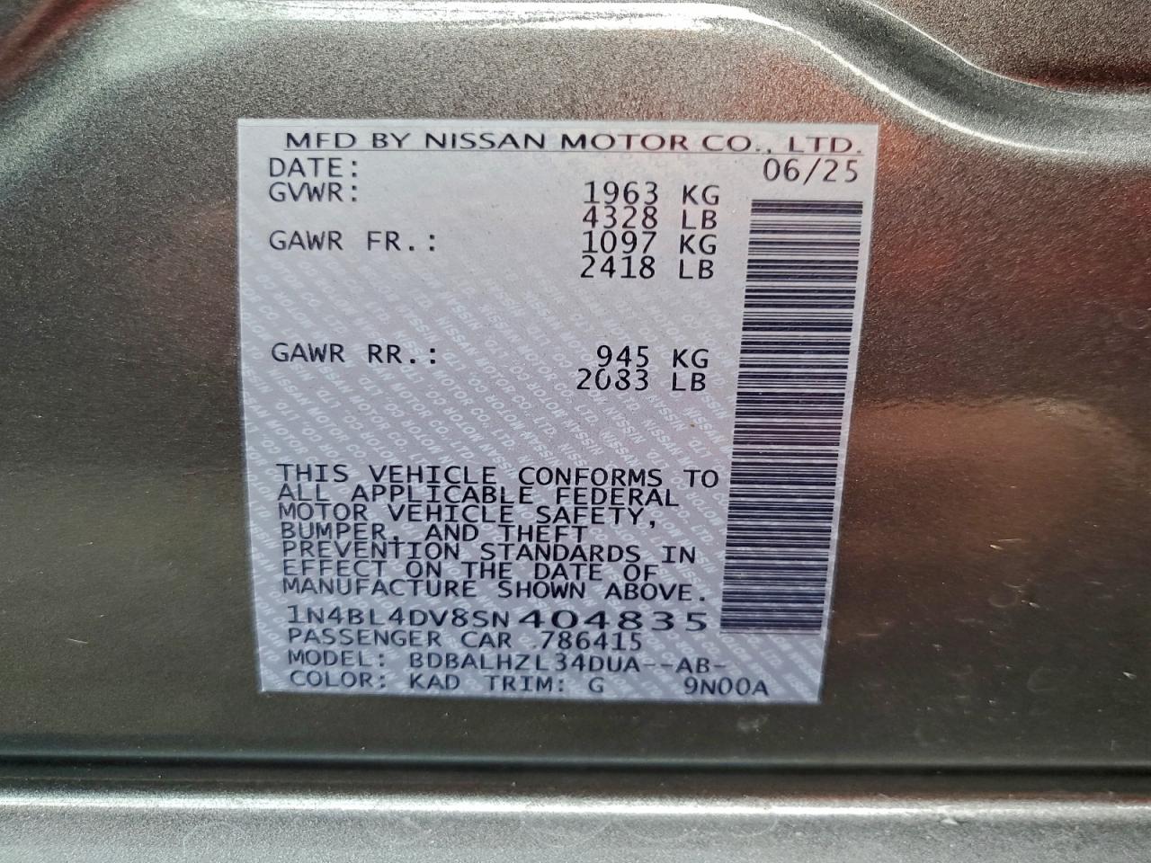 2025 Nissan Altima Sv VIN: 1N4BL4DV8SN404835 Lot: 96475615