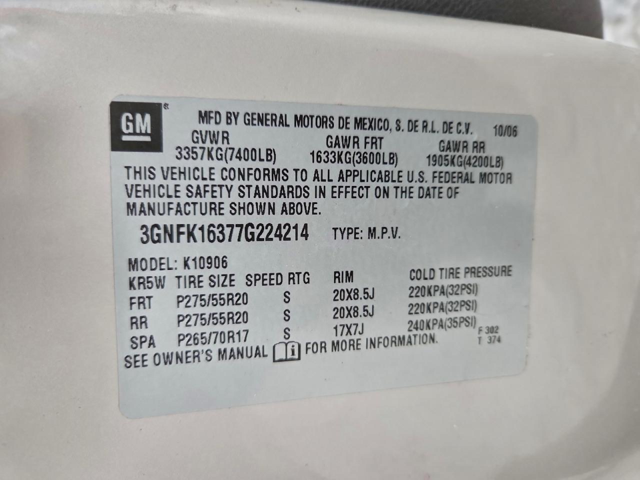 2007 Chevrolet Suburban K1500 VIN: 3GNFK16377G224214 Lot: 94803565