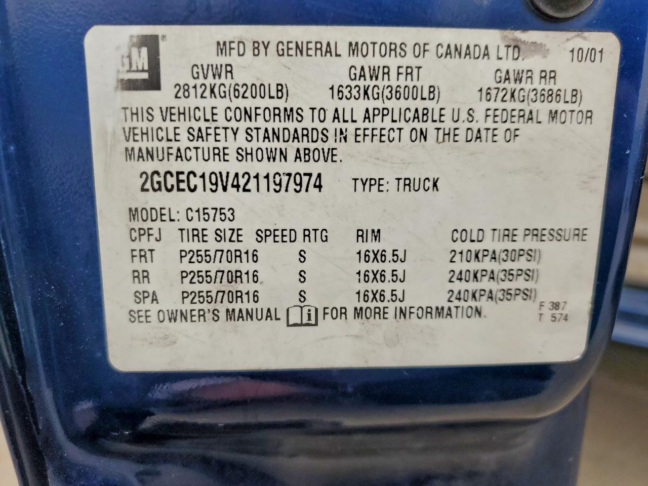 2002 Chevrolet Silverado C1500 VIN: 2GCEC19V421197974 Lot: 95573815