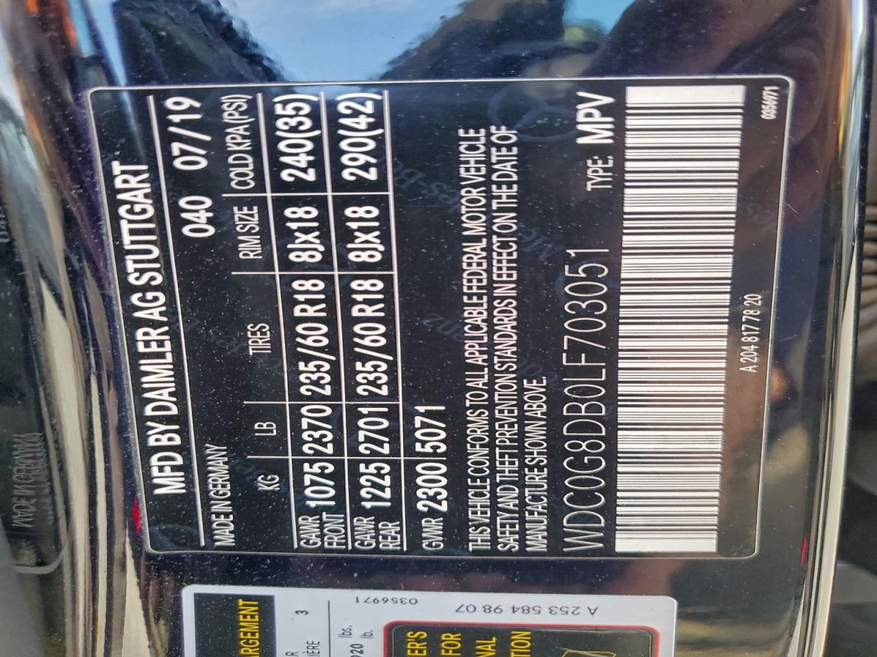 2020 Mercedes-Benz Glc 300 VIN: WDC0G8DB0LF703051 Lot: 95164945