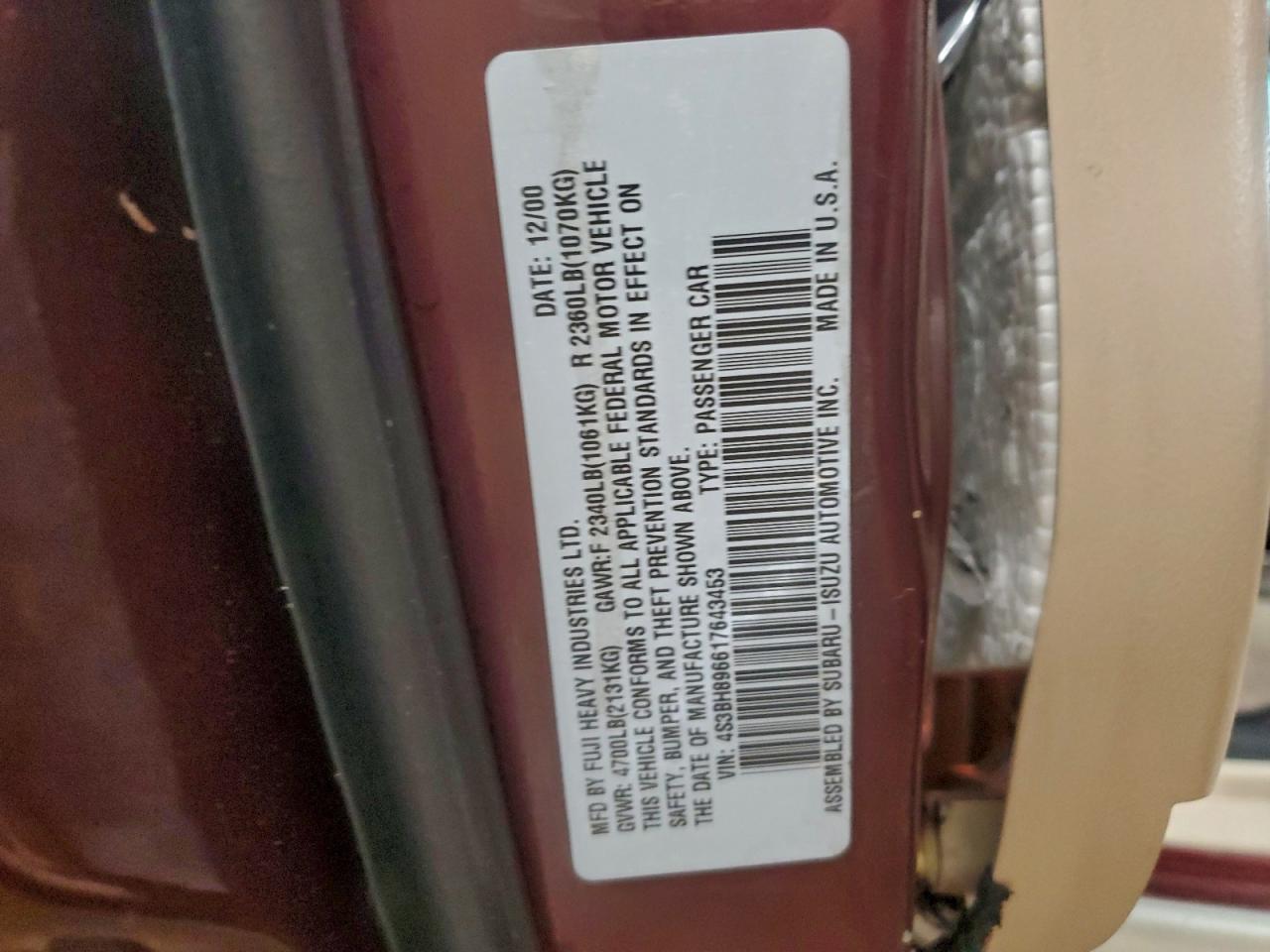 2001 Subaru Legacy Outback H6 3.0 Vdc VIN: 4S3BH896617643453 Lot: 94358865