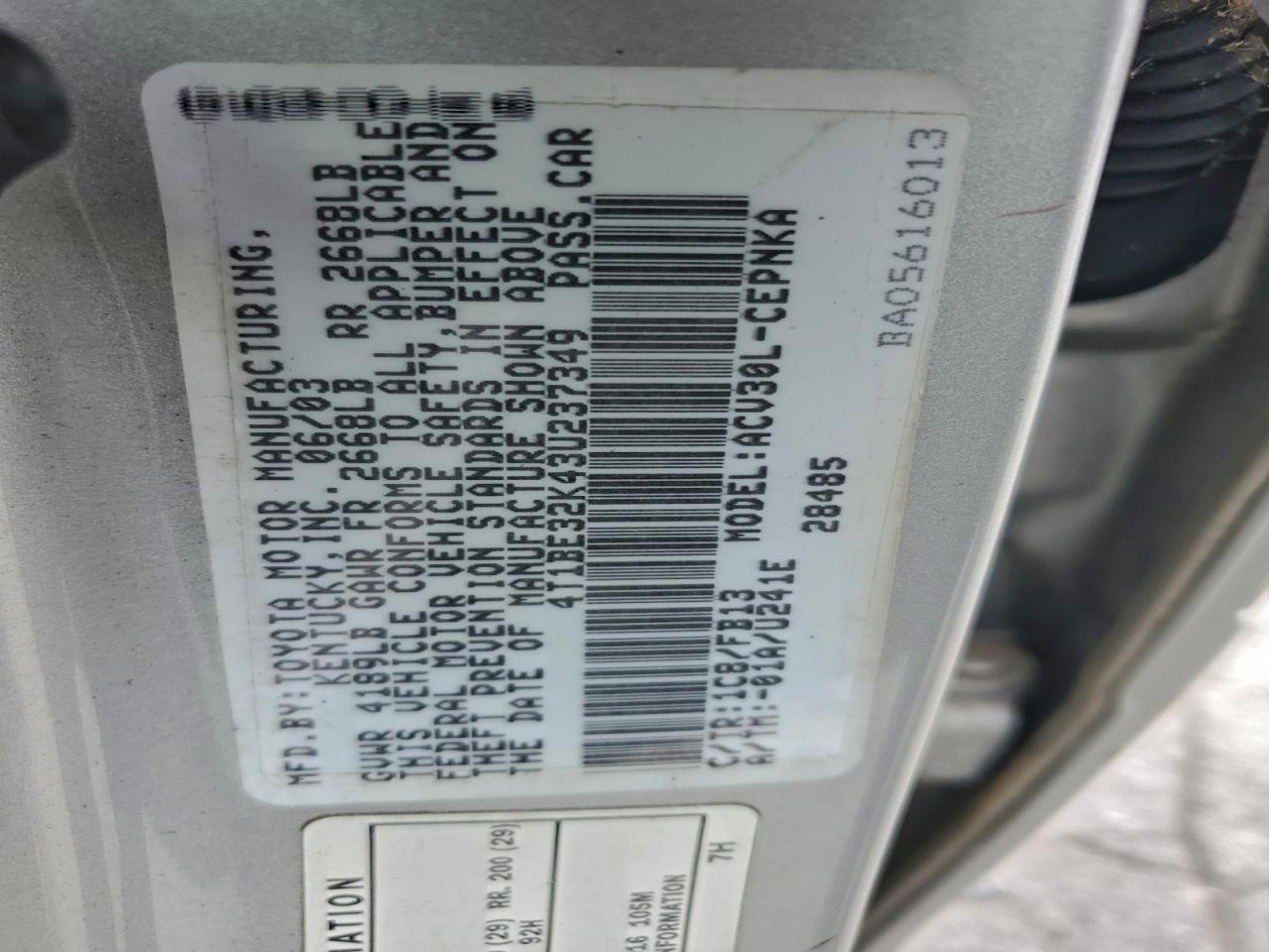 2003 Toyota Camry Le VIN: 4T1BE32K43U237349 Lot: 95180515