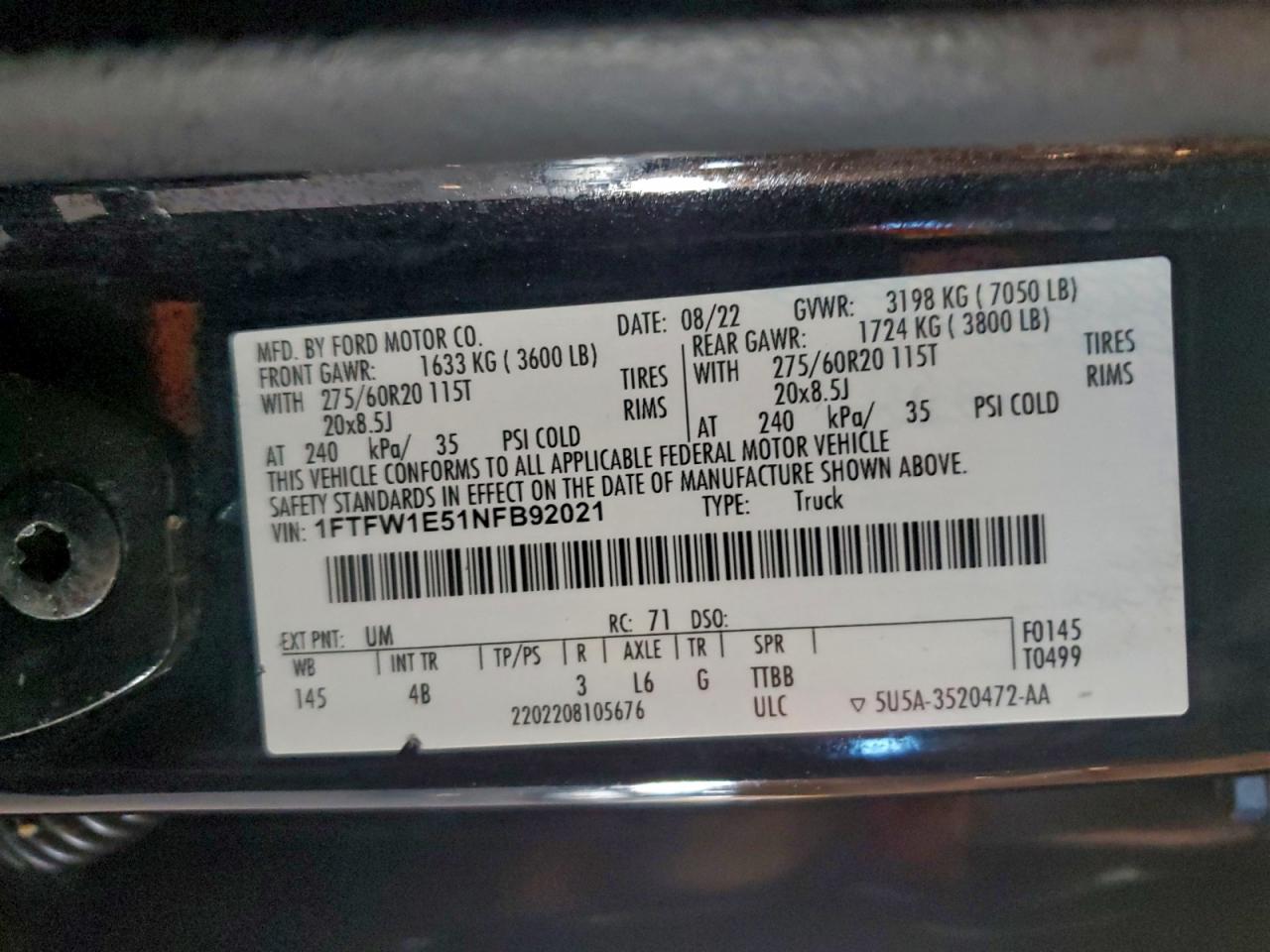 2022 Ford F150 Supercrew VIN: 1FTFW1E51NFB92021 Lot: 95556645