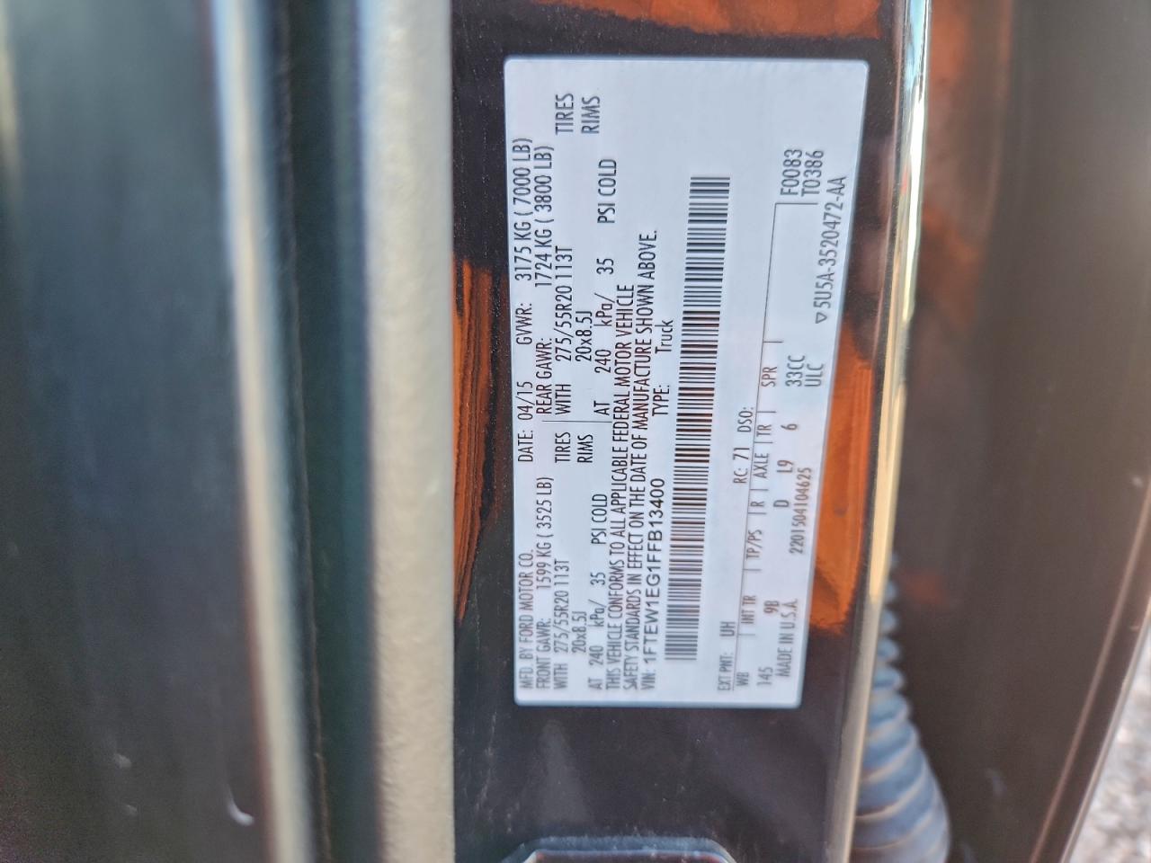 2015 Ford F150 Supercrew VIN: 1FTEW1EG1FFB13400 Lot: 94193435