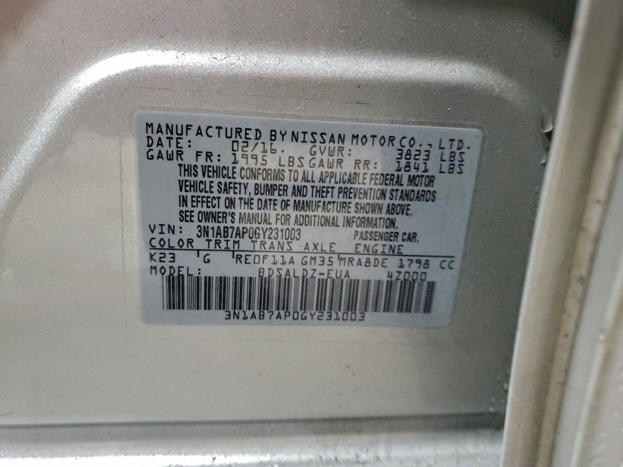 2016 Nissan Sentra S VIN: 3N1AB7AP0GY231003 Lot: 94898615