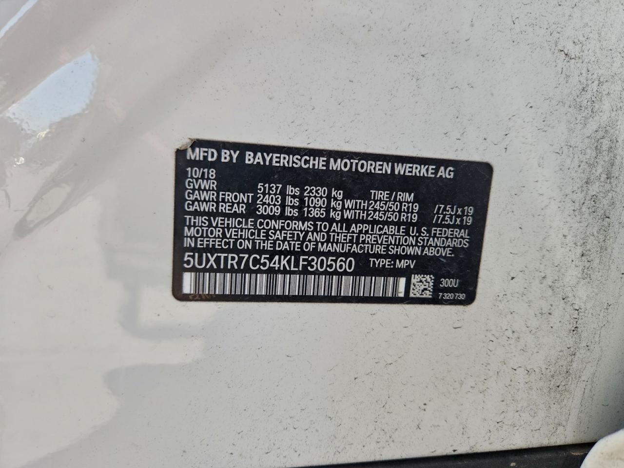 2019 BMW X3 Sdrive30I VIN: 5UXTR7C54KLF30560 Lot: 96129785