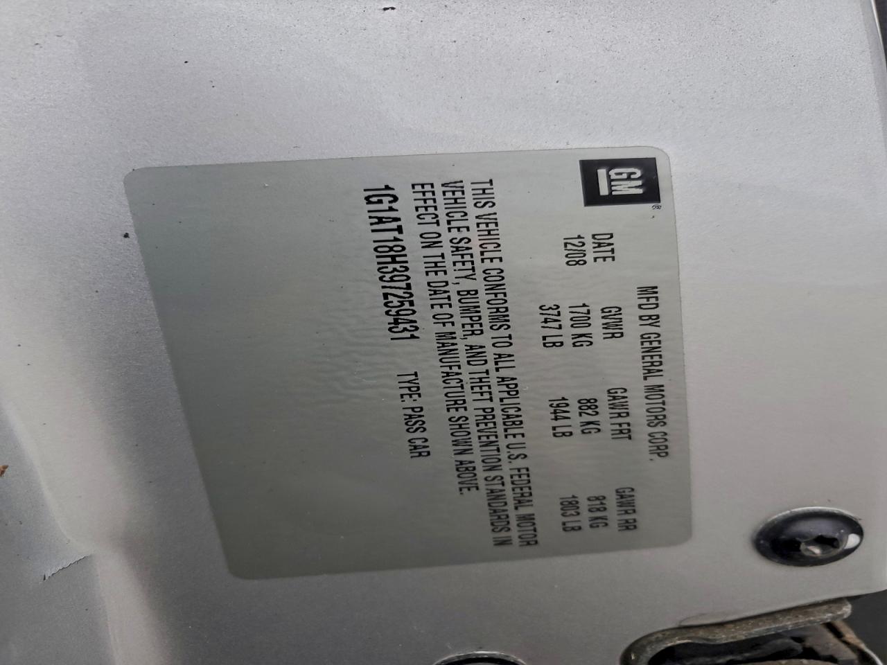 2009 Chevrolet Cobalt Lt VIN: 1G1AT18H397259431 Lot: 95418105