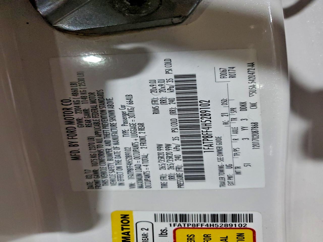 2017 Ford Mustang Gt VIN: 1FATP8FF4H5289102 Lot: 94928575