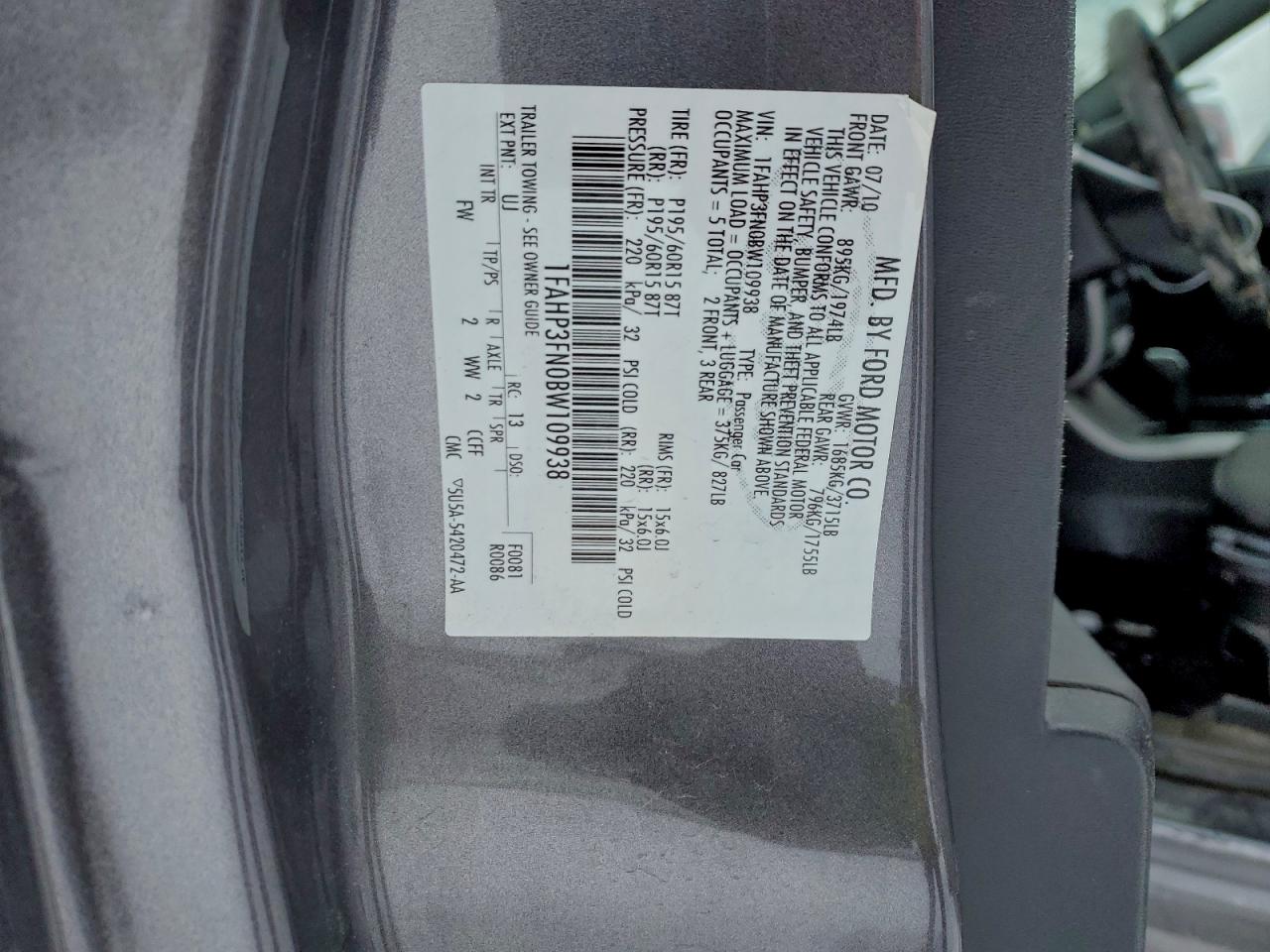 2011 Ford Focus Se VIN: 1FAHP3FN0BW109938 Lot: 95408185