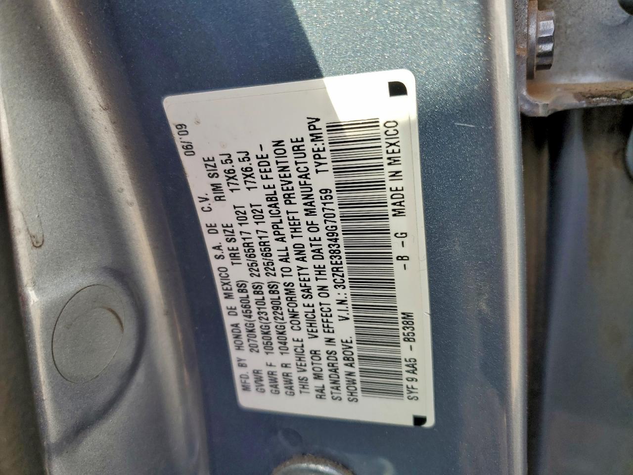 2009 Honda Cr-V Lx VIN: 3CZRE38349G707159 Lot: 95097585