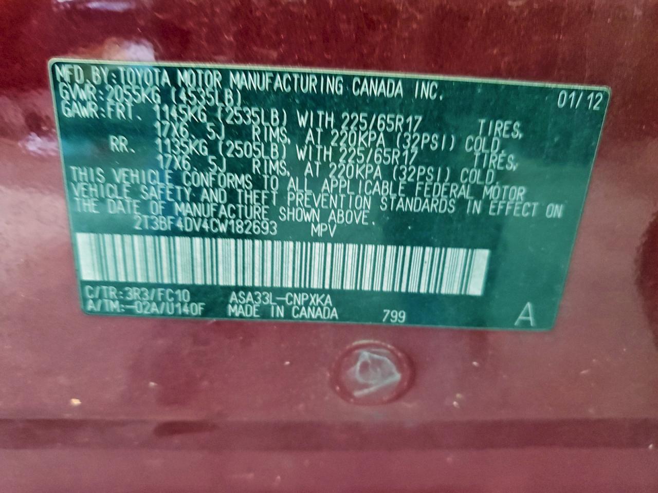 2012 Toyota Rav4 VIN: 2T3BF4DV4CW182693 Lot: 94151095