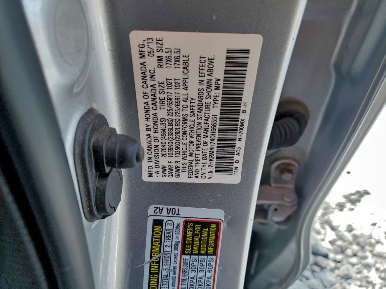 2013 Honda Cr-V Exl VIN: 2HKRM4H74DH666551 Lot: 95443235