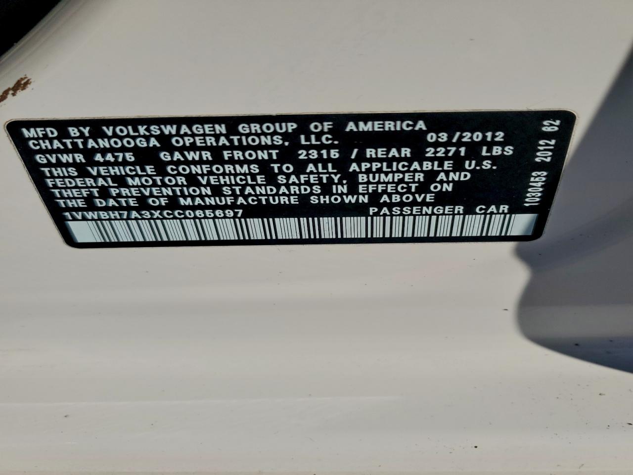 2012 Volkswagen Passat Se VIN: 1VWBH7A3XCC065697 Lot: 96518195