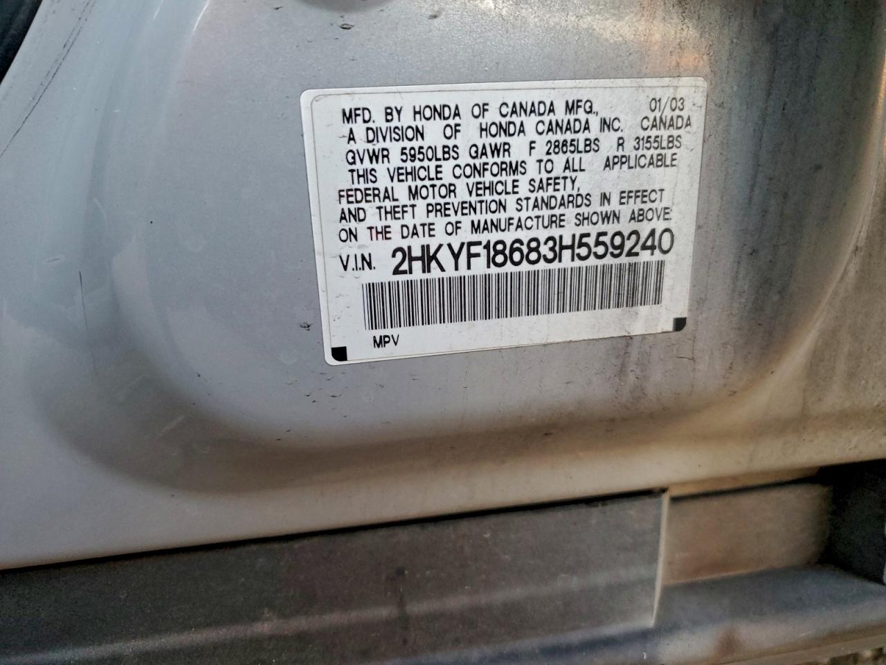 2003 Honda Pilot Exl VIN: 2HKYF18683H559240 Lot: 96507045