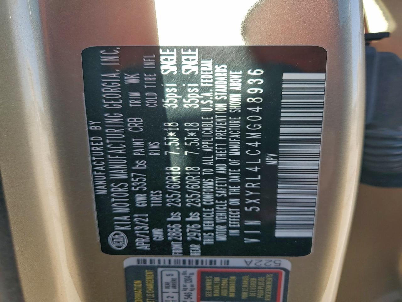 2021 Kia Sorento S VIN: 5XYRL4LC4MG048936 Lot: 95478165