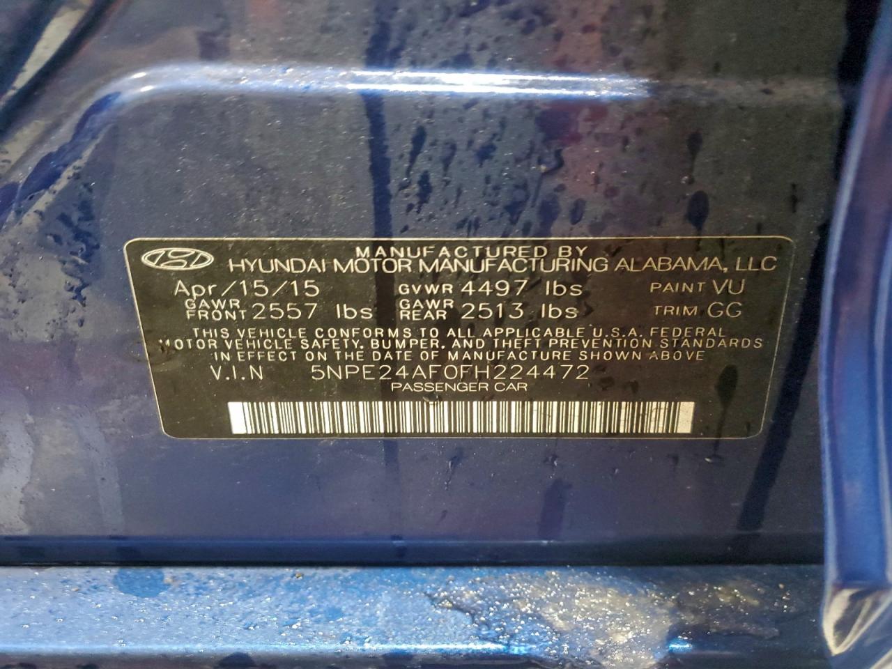 2015 Hyundai Sonata Se VIN: 5NPE24AF0FH224472 Lot: 95033965