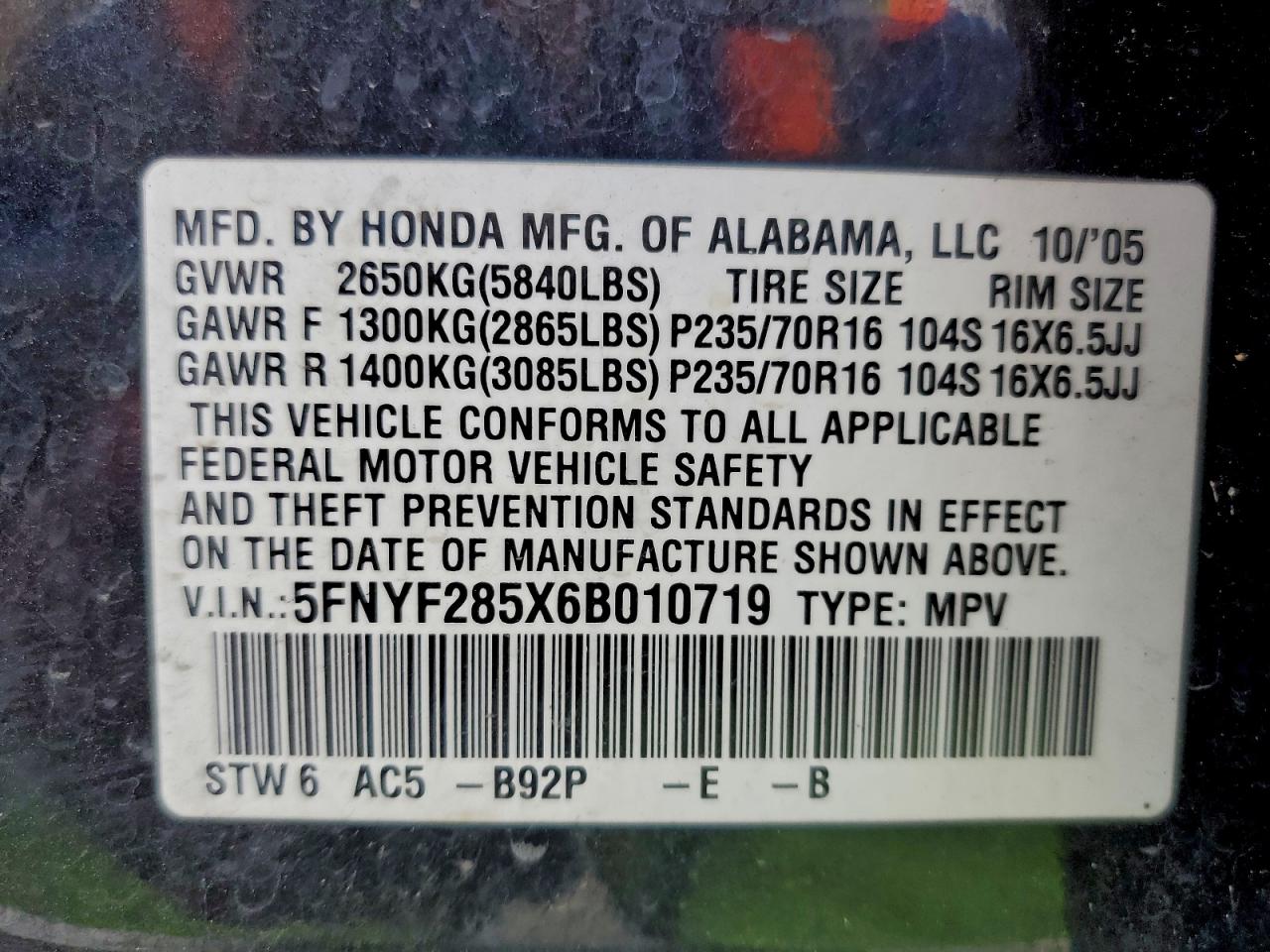 2006 Honda Pilot Ex VIN: 5FNYF285X6B010719 Lot: 95016505