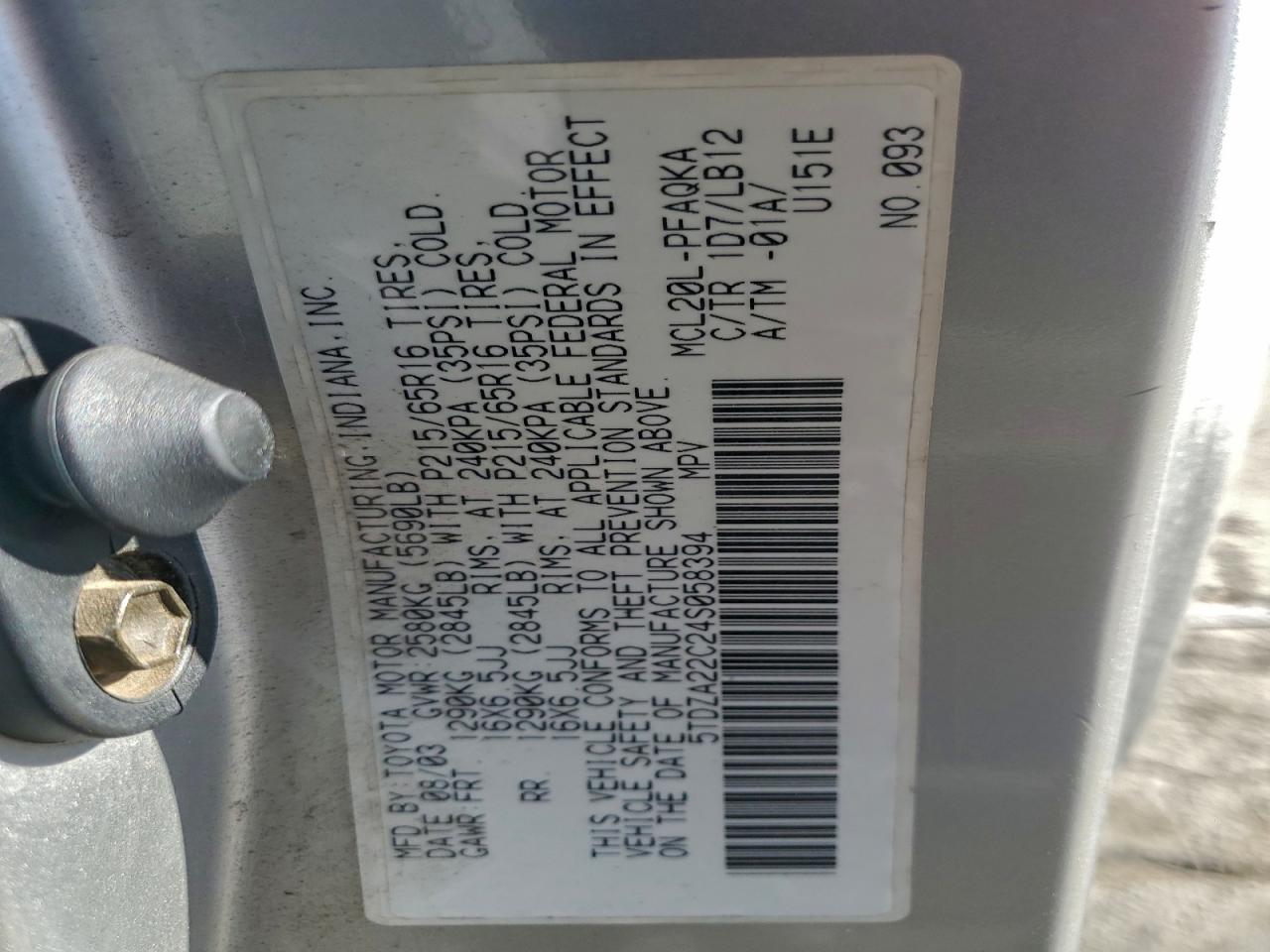 2004 Toyota Sienna Xle VIN: 5TDZA22C24S058394 Lot: 95789395