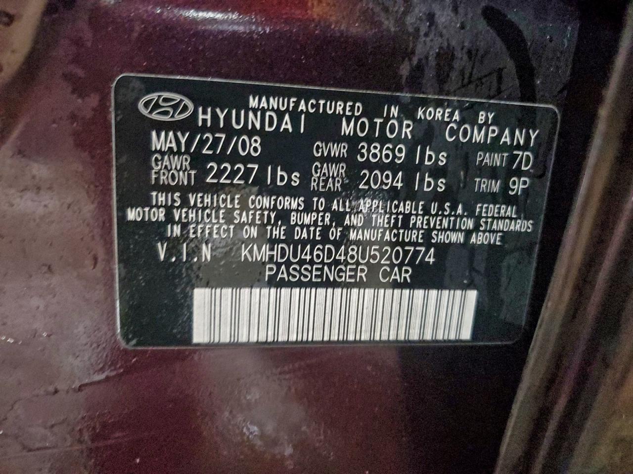 2008 Hyundai Elantra Gls VIN: KMHDU46D48U520774 Lot: 95734445