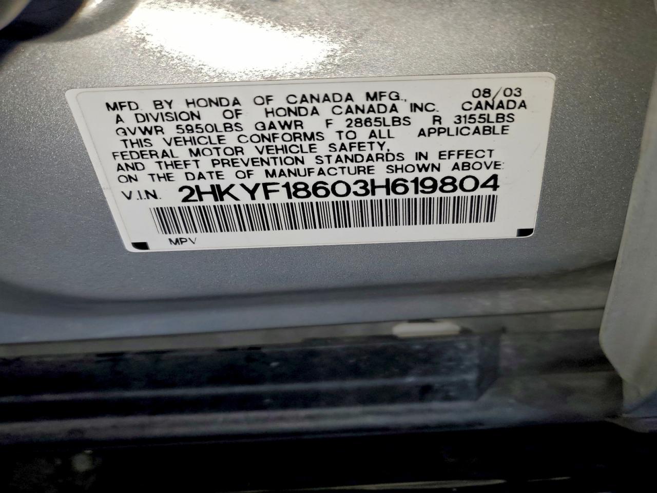 2003 Honda Pilot Exl VIN: 619804 Lot: 97088105