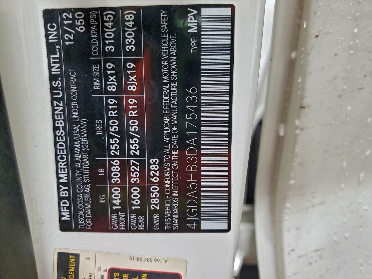 2013 Mercedes-Benz Ml 350 4Matic VIN: 4JGDA5HB3DA175436 Lot: 94391355