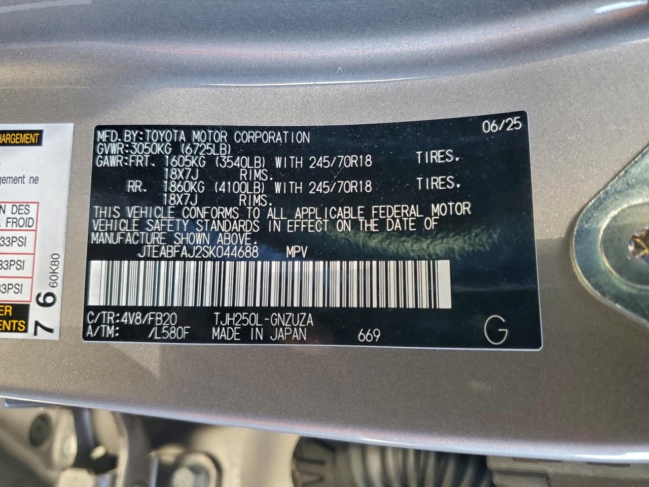 2025 Toyota Land Cruiser Base VIN: JTEABFAJ2SK044688 Lot: 93619775