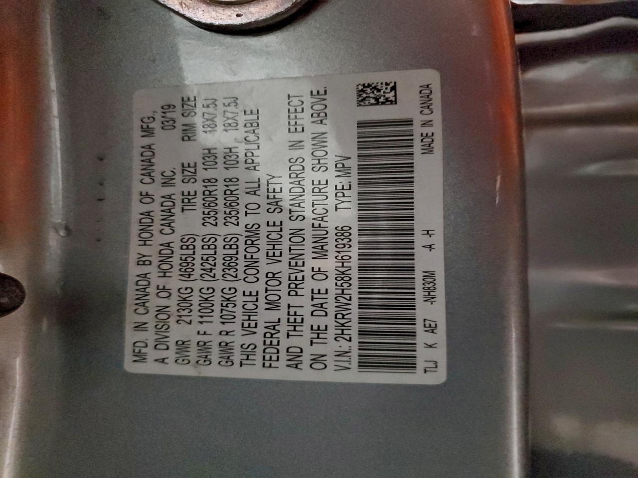 2019 Honda Cr-V Ex VIN: 2HKRW2H58KH619386 Lot: 95534885