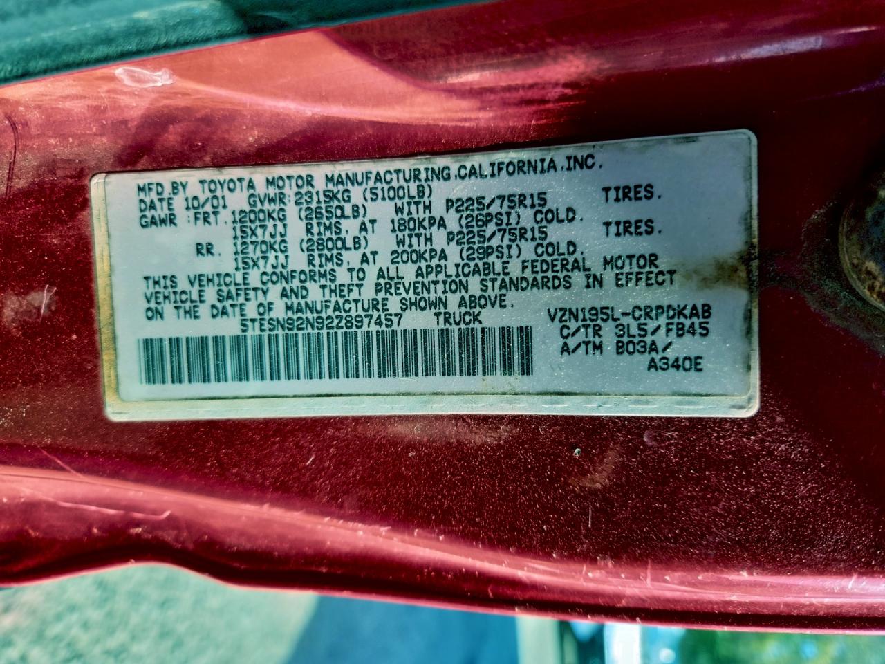 2002 Toyota Tacoma Xtracab Prerunner VIN: 5TESN92N92Z897457 Lot: 95911885