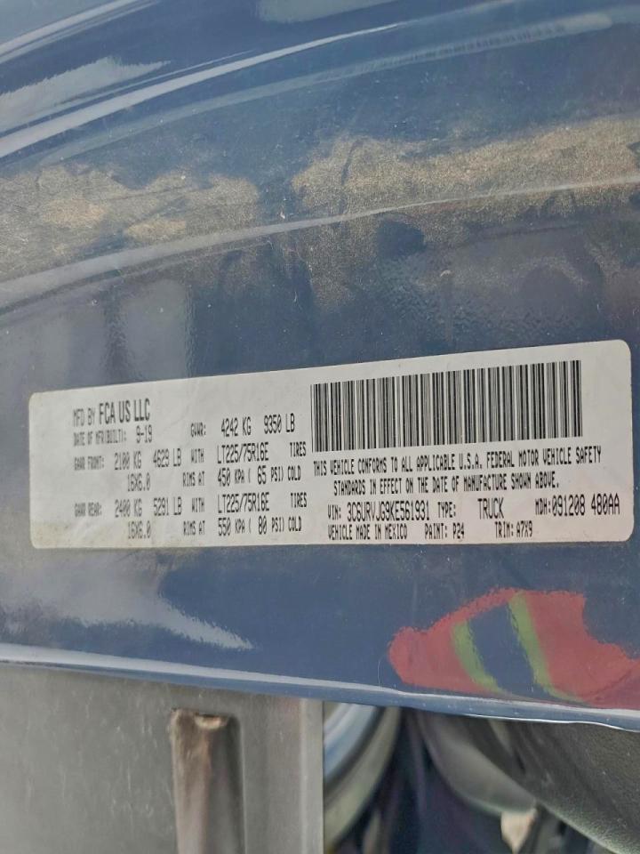 2019 Ram Promaster 3500 Delivery Van VIN: 3C6URVJG9KE561931 Lot: 94754795