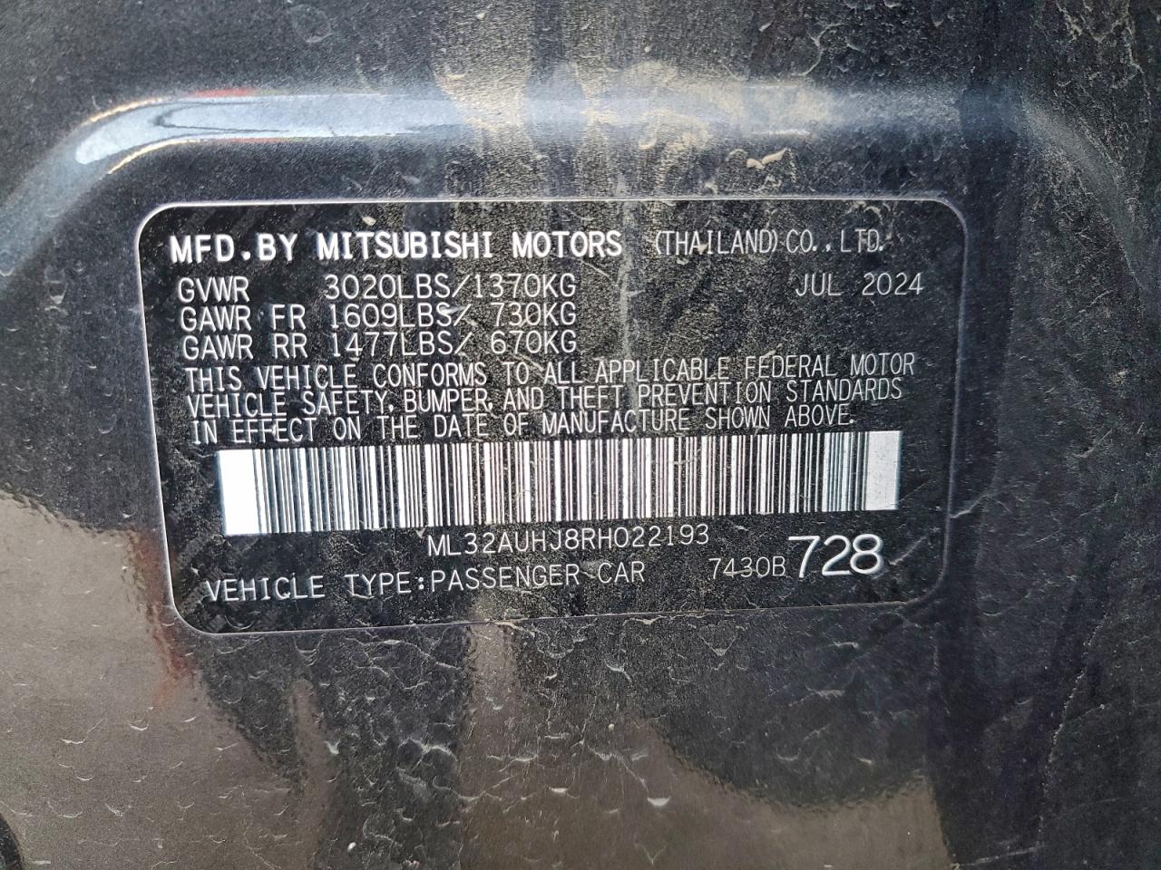 2024 Mitsubishi Mirage Es VIN: ML32AUHJ8RH022193 Lot: 95214025