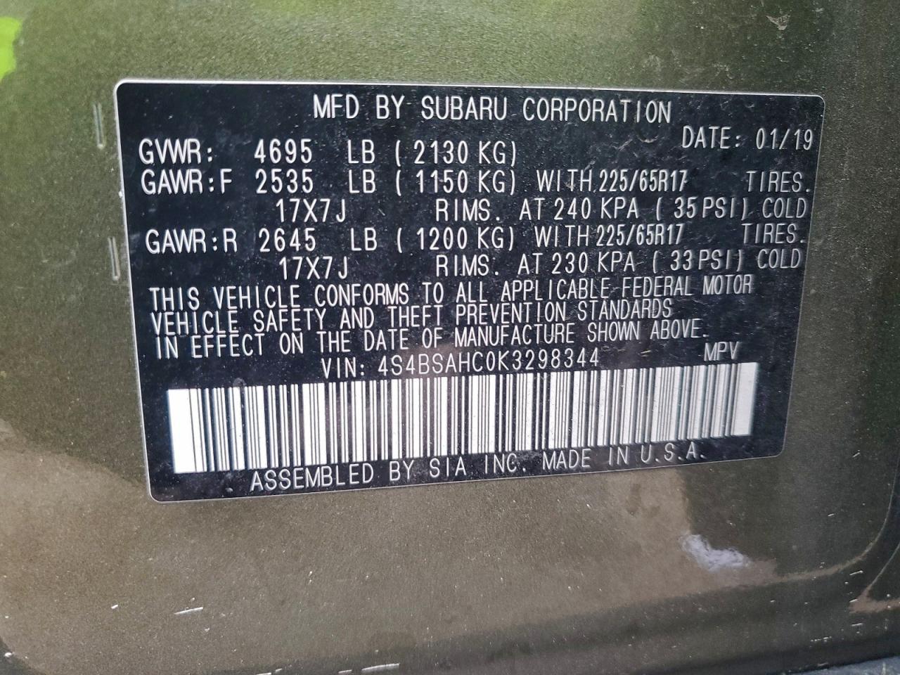 2019 Subaru Outback 2.5I Premium VIN: 4S4BSAHC0K3298344 Lot: 94254705