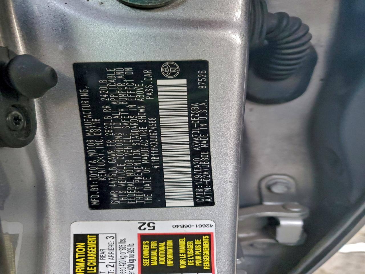 2018 Toyota Camry L VIN: 4T1B11HK3JU674568 Lot: 95003435