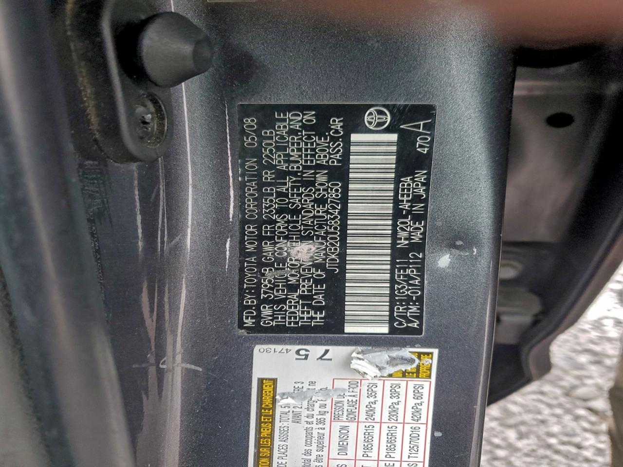 2008 Toyota Prius VIN: JTDKB20U583427850 Lot: 95306485