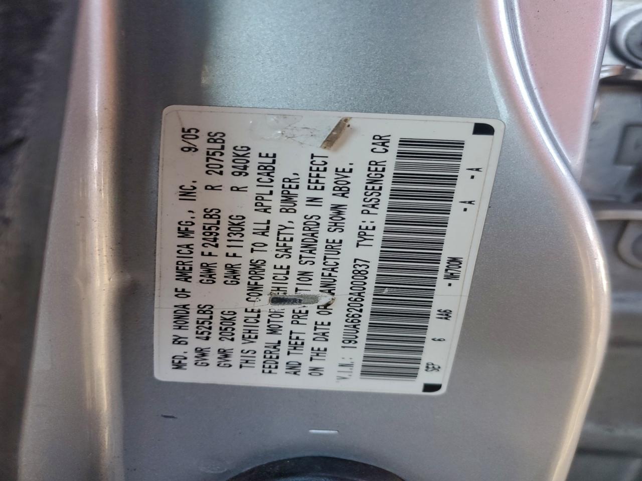 2006 Acura 3.2Tl VIN: 19UUA66206A000837 Lot: 96408835