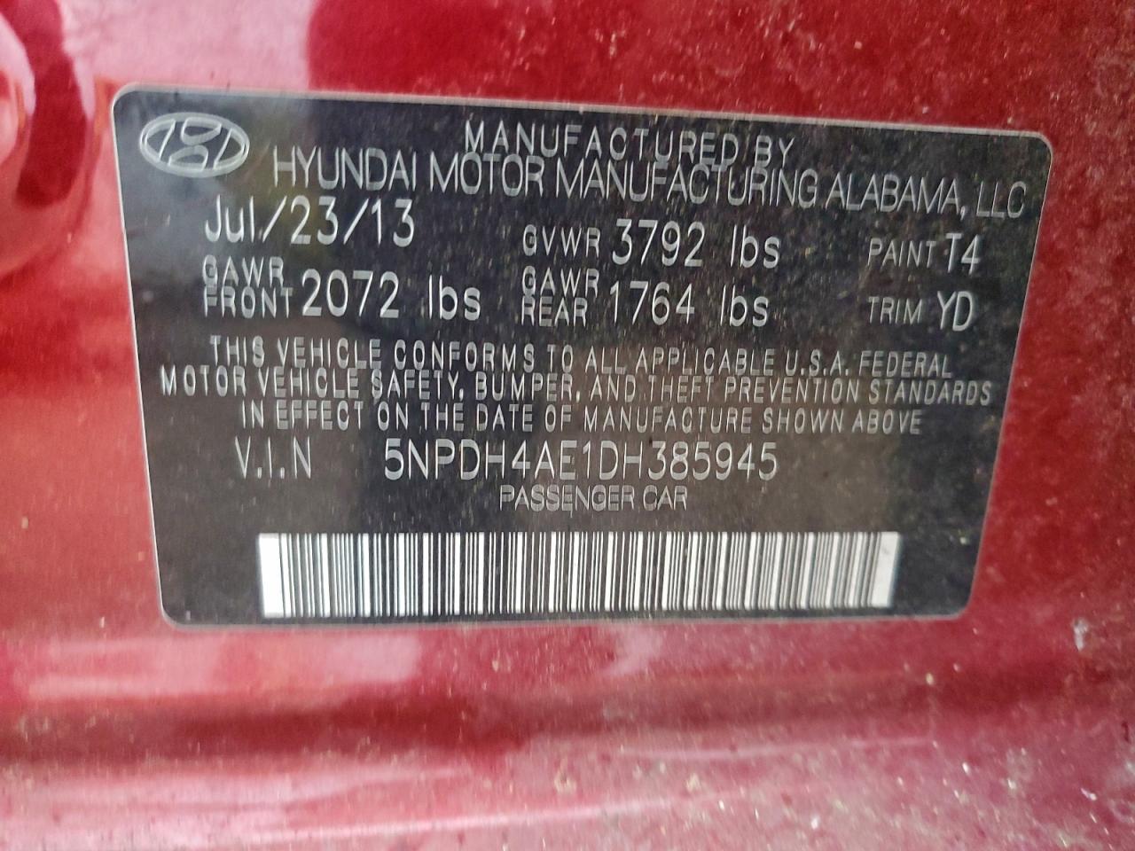 2013 Hyundai Elantra Gls VIN: 5NPDH4AE1DH385945 Lot: 95724455