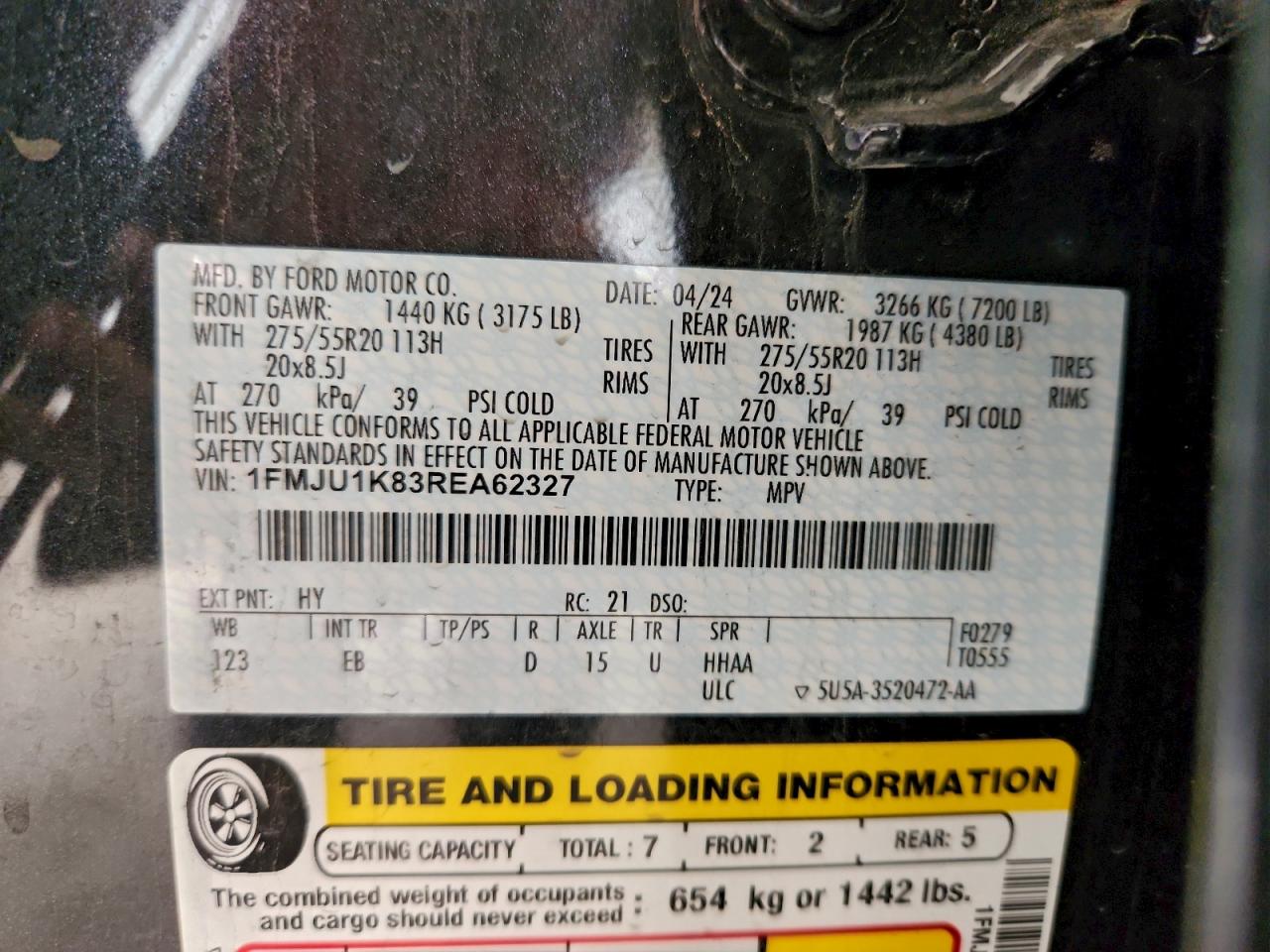 2024 Ford Expedition Limited VIN: 1FMJU1K83REA62327 Lot: 96545055