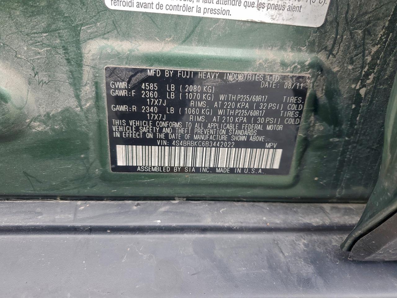 2011 Subaru Outback 2.5I Limited VIN: 4S4BRBKC6B3442022 Lot: 95118215