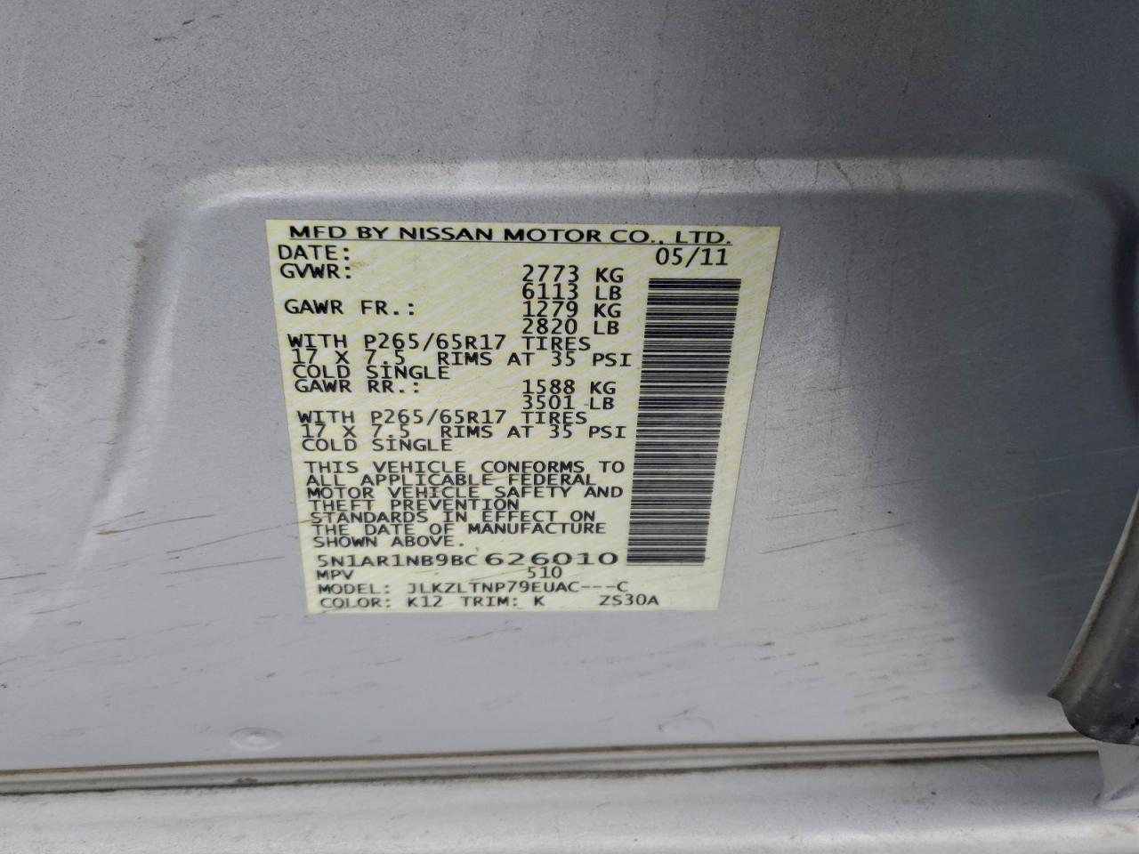 2011 Nissan Pathfinder S VIN: 5N1AR1NB9BC626010 Lot: 94712015